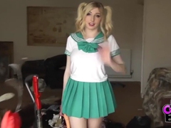 Find-Best-Tits.com presents: Costume babe in a miniskirt fucks a toy outdoors