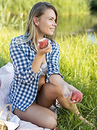 Find-Best-Tits.com presents: Skinny blonde Paulina gets naked on a blanket in a field of wheat